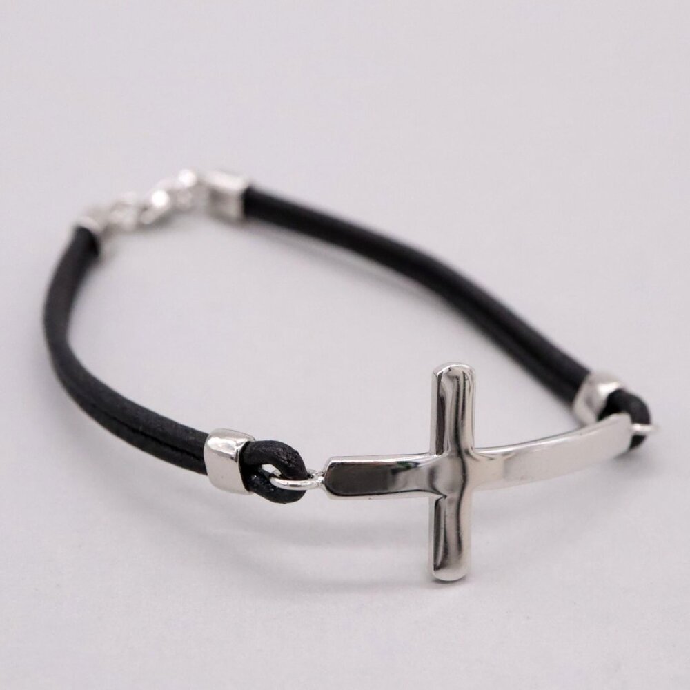 Milor Italy Silver Plated Bronze Unisex Bracelet Cross w/ Leather Cord 7.25"